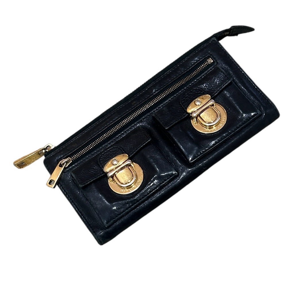 Marc Jacobs Black Premium Leather Wallet Gold Buckle & Zipper Multi Compartments